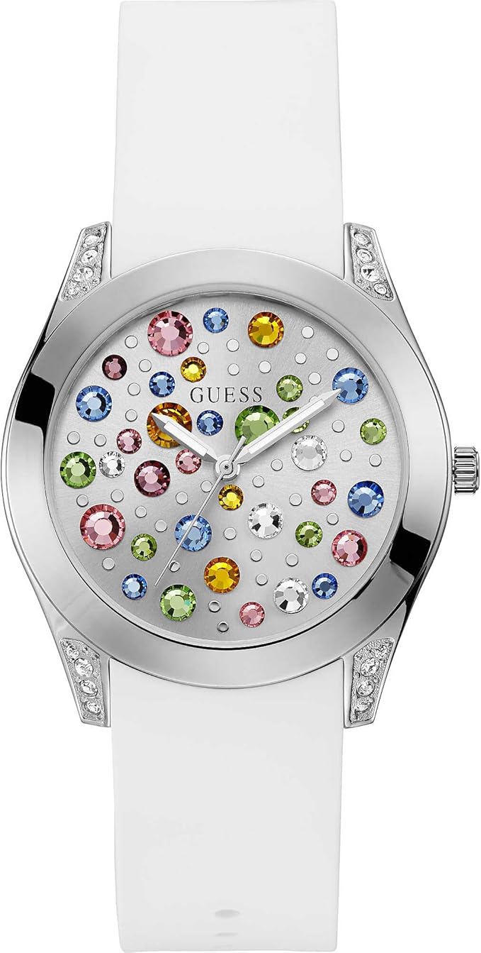 Guess Wanderlust Crystals Silver Dial White Rubber Strap Women Watch - W1059L1