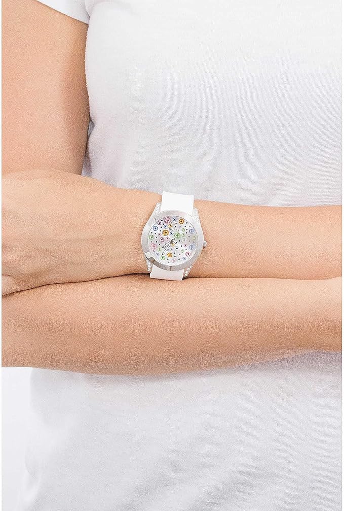 Guess Wanderlust Crystals Silver Dial White Rubber Strap Women Watch - W1059L1