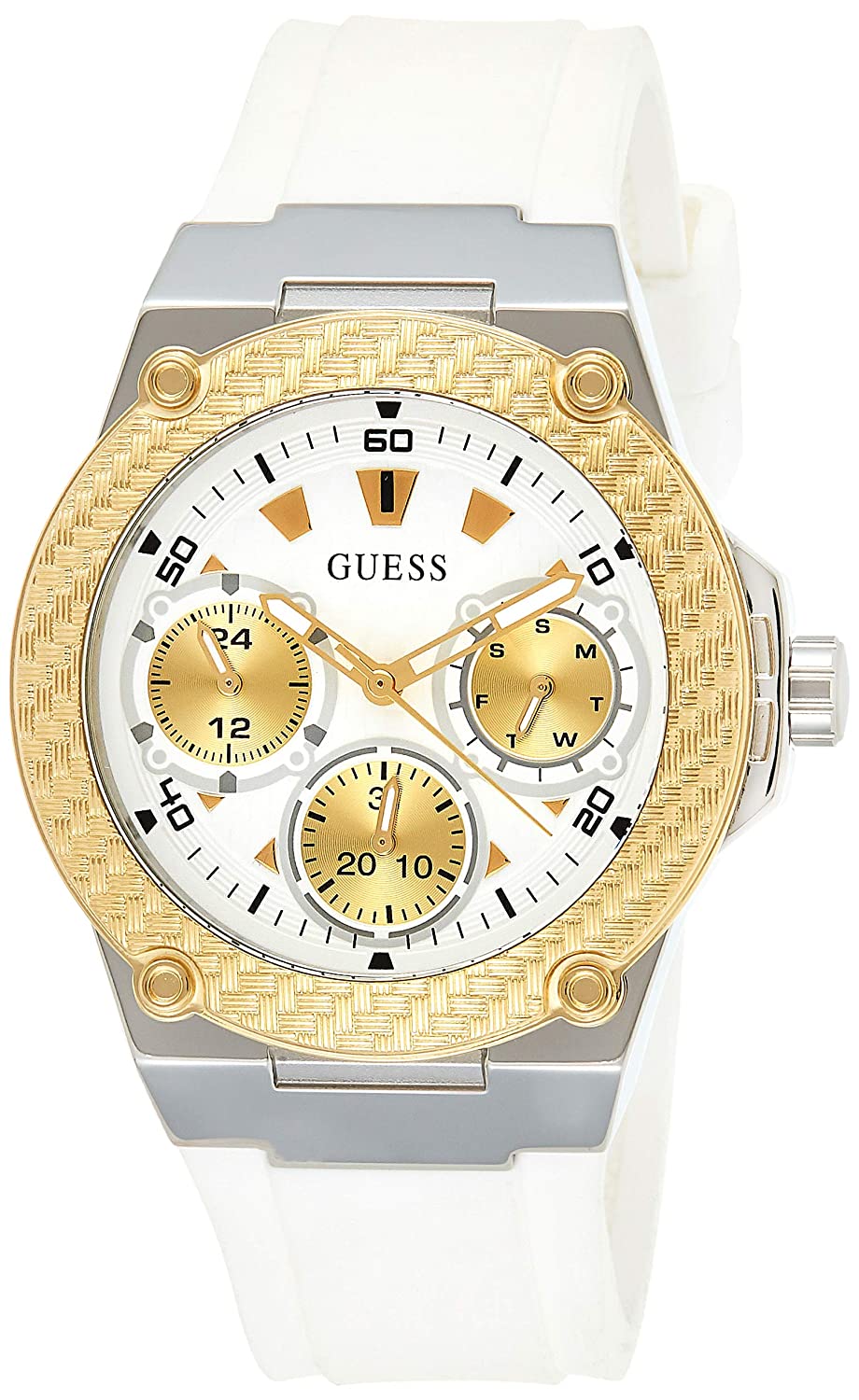 Guess Zena white dial women's watch with gold-tone bezel and chronograph subdials