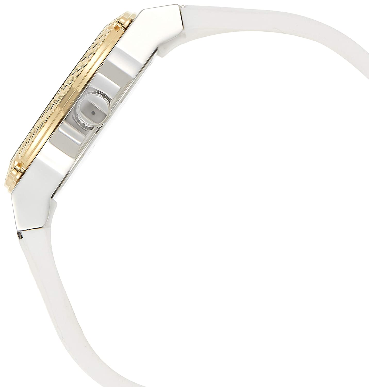 Guess Zena watch side profile with gold bezel and white strap