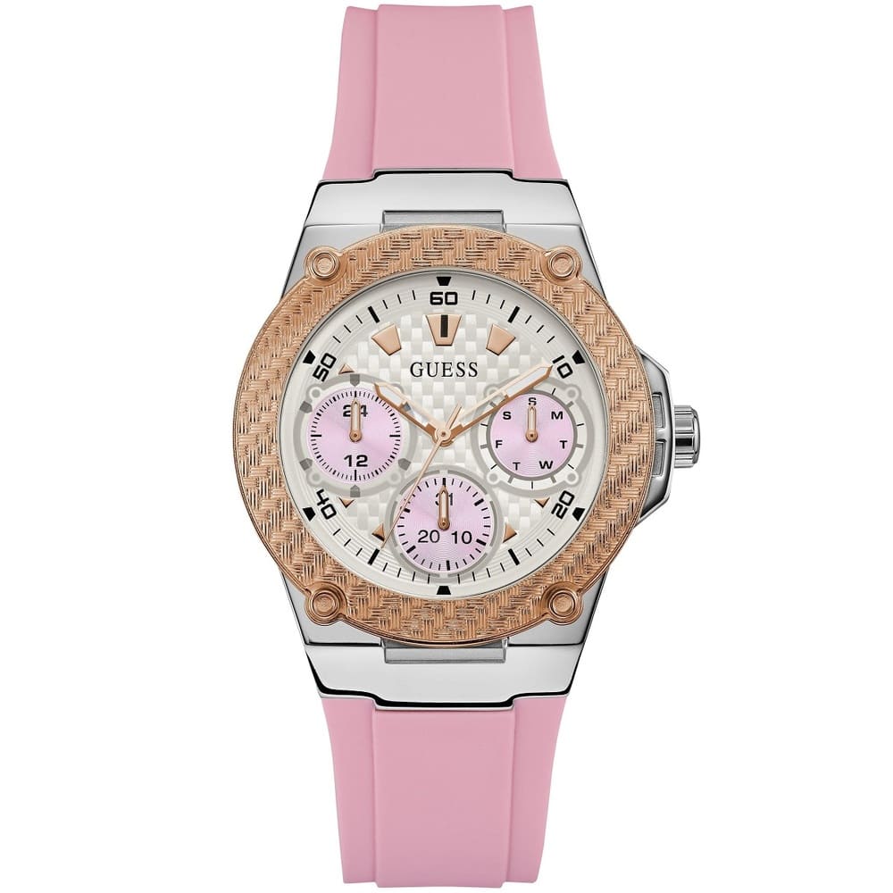 Guess Zena quartz ladies watch with silver dial, rose gold case, pink silicone strap and chronograph subdials