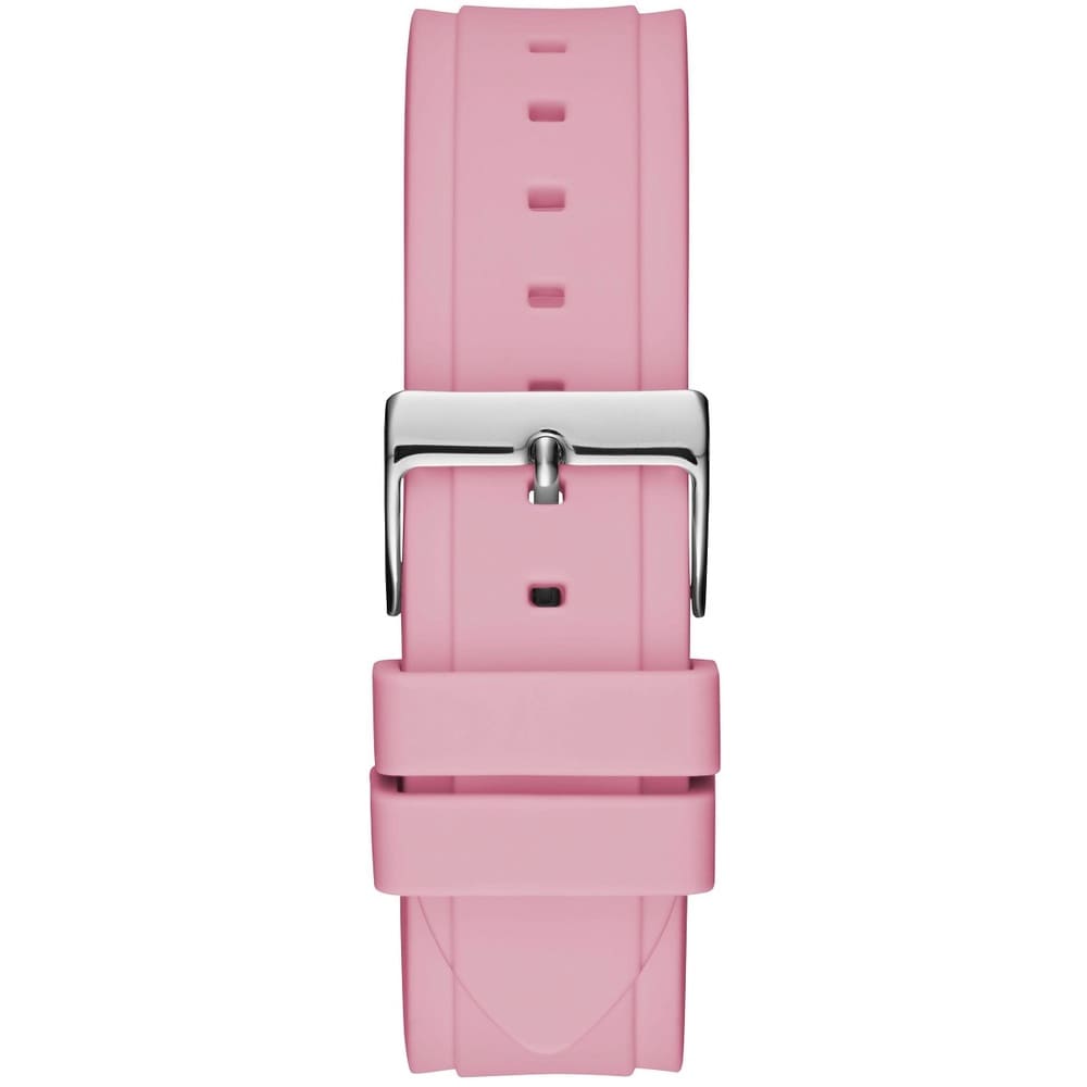 Pink silicone strap detail of Guess Zena watch with metal buckle fastening