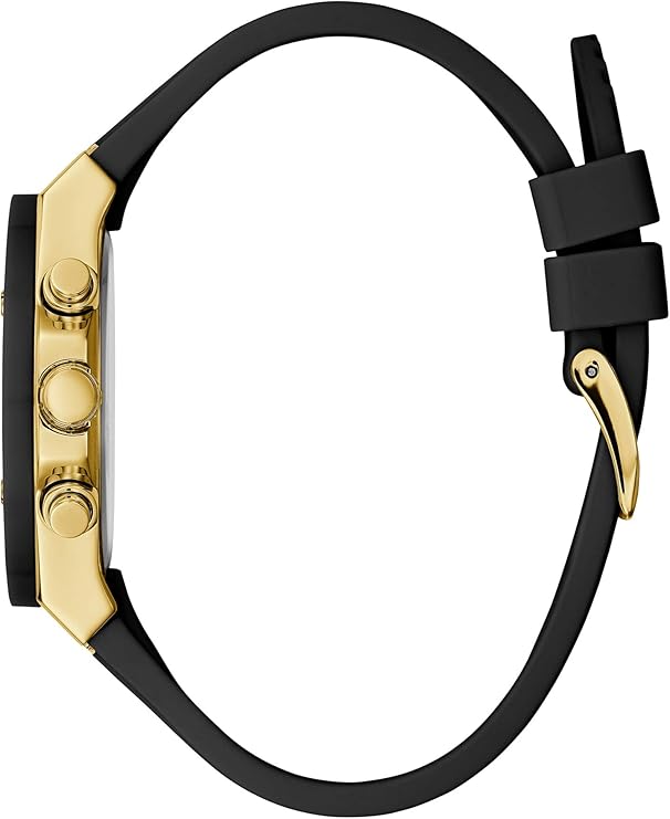 GUESS GW0030L2 watch side profile showing gold case and black rubber strap with buckle