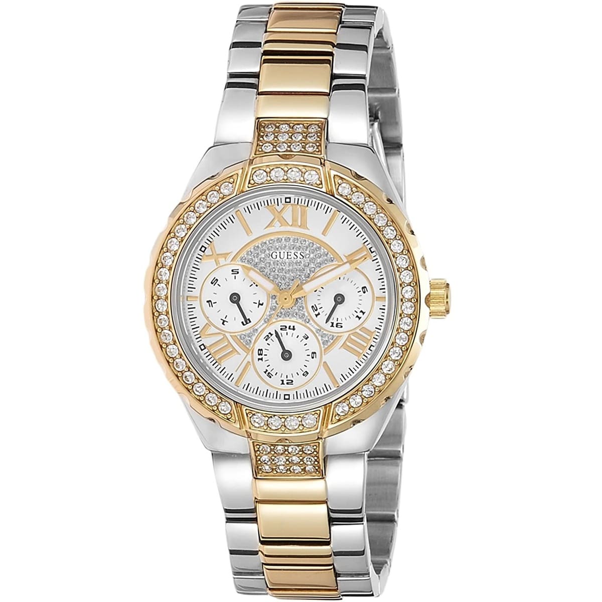 GUESS GW0111L5 women's watch at angle showing silver dial and two-tone metal bracelet