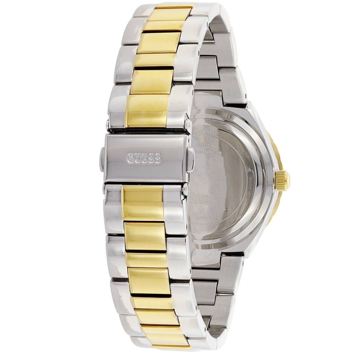 GUESS GW0111L5 watch caseback showing stainless steel case and two-tone bracelet