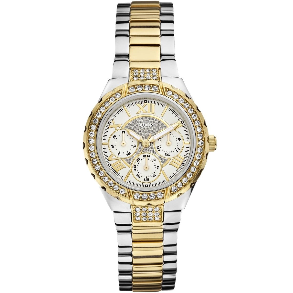 GUESS GW0111L5 round 38mm women's watch with silver dial and crystal-set bezel