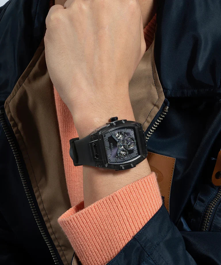 GUESS GW0203G9 black multi-function watch worn on wrist side view