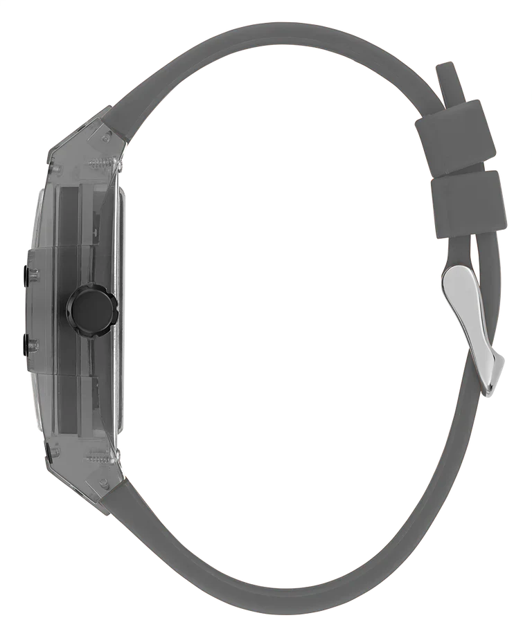 GUESS GW0203G9 grey watch side view showing case profile and silicone strap
