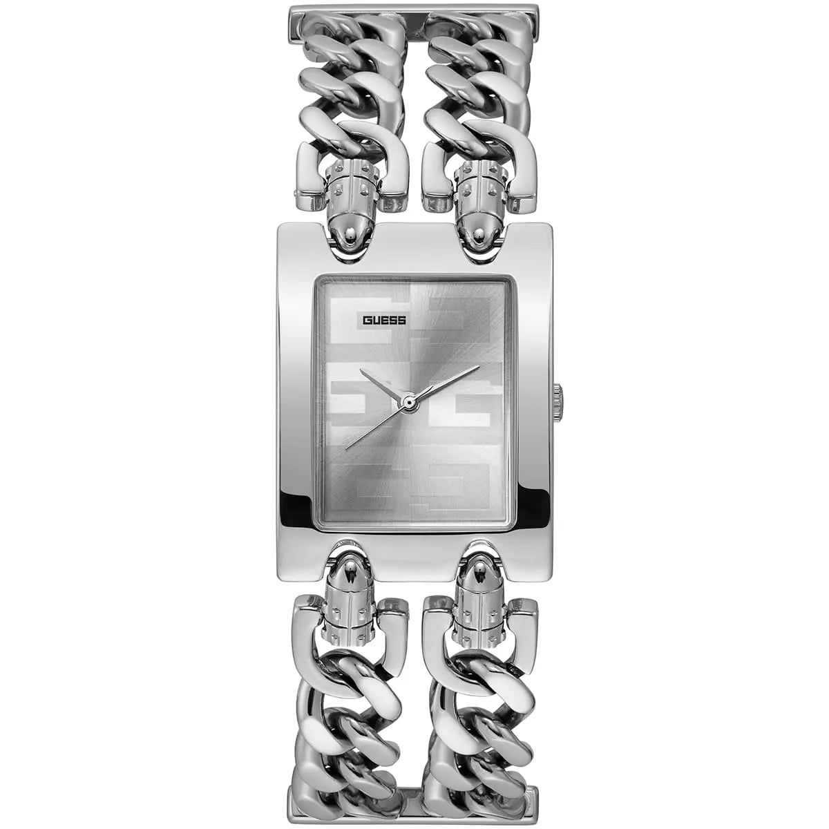 Guess MOD G square watch with silver dial and chunky chain link stainless steel strap