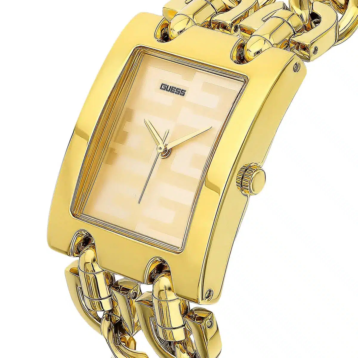 Angled view of Guess G Mod gold watch showing dial and case