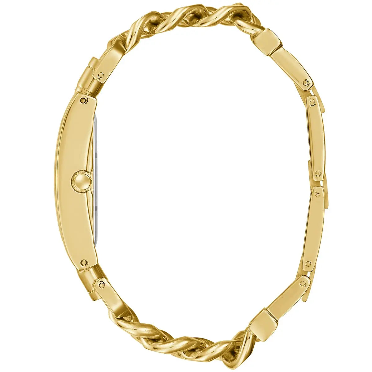 Side profile of Guess G Mod gold watch with chainlink strap