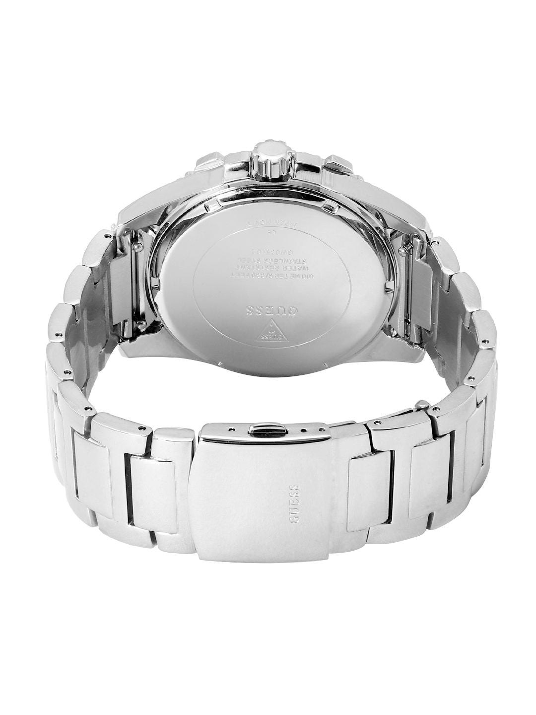 Stainless steel caseback view of Guess Frontier 48mm men's watch