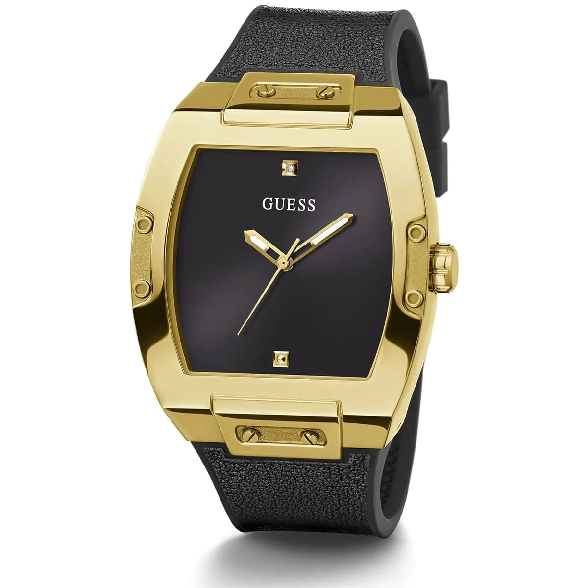Guess Phoenix watch angled view showing gold case and black leather strap from side