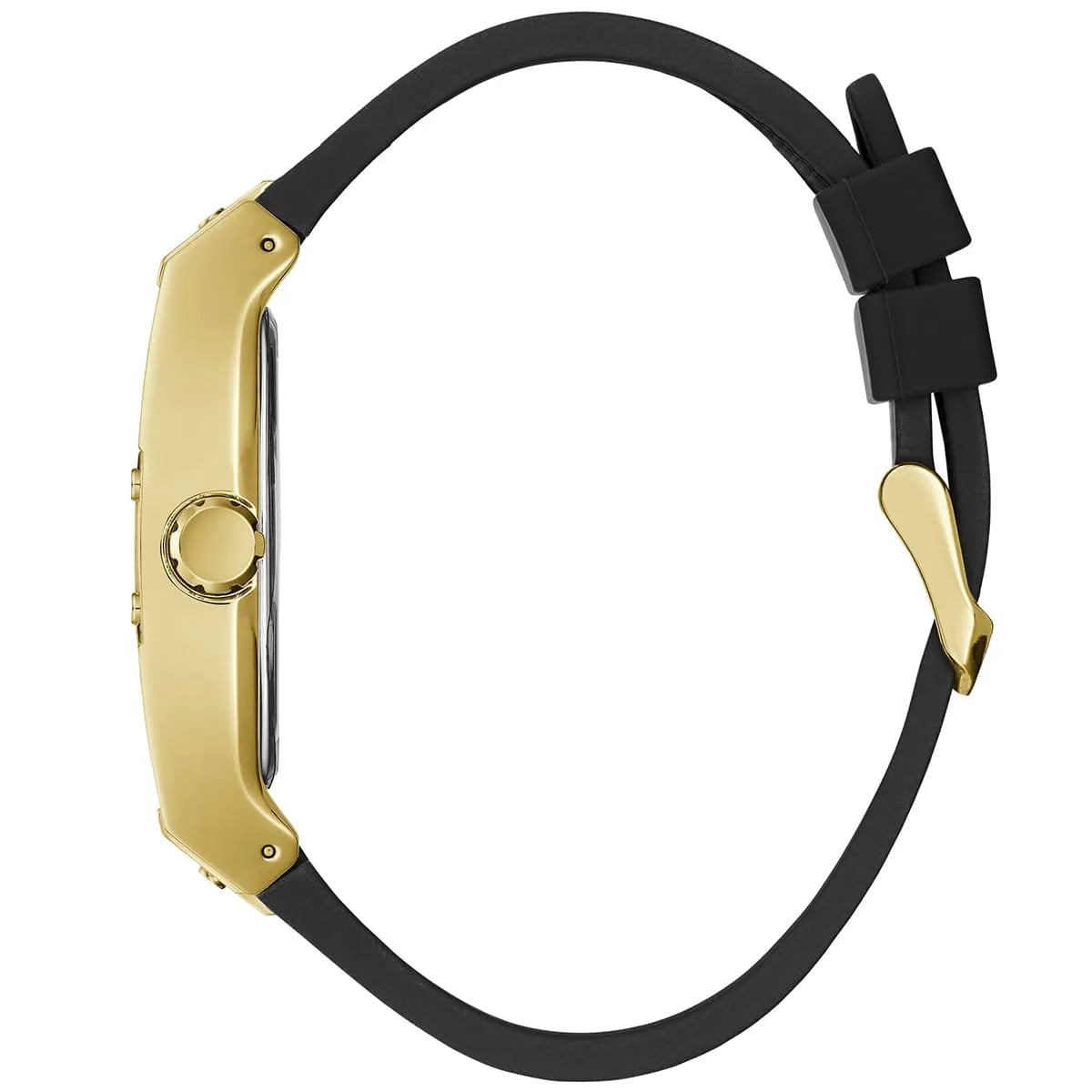 Guess Phoenix watch side profile showing gold-tone case depth and black leather strap