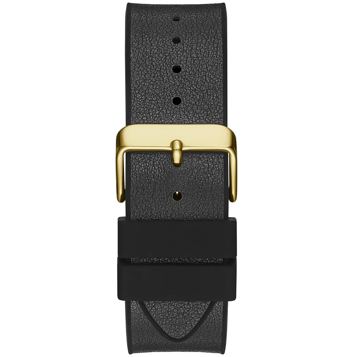 Black leather strap with gold-tone buckle closure for Guess Phoenix watch