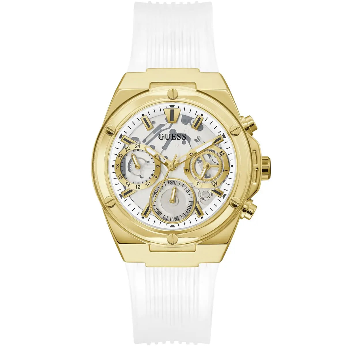 Guess GW0409L2 gold stainless steel chronograph watch with white rubber strap and silver multi-subdial dial