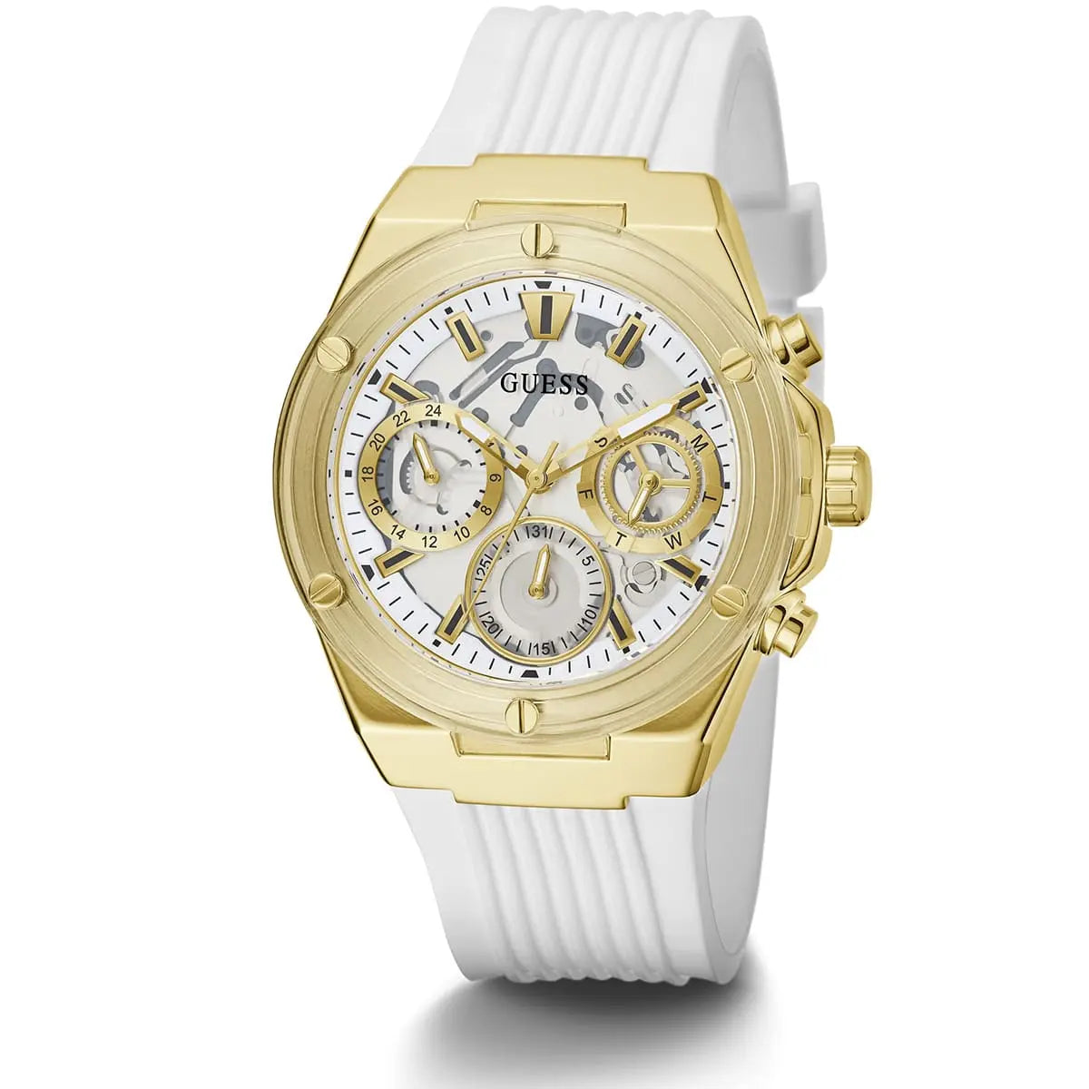 Guess GW0409L2 women's watch side profile displaying gold case and white ridged rubber strap