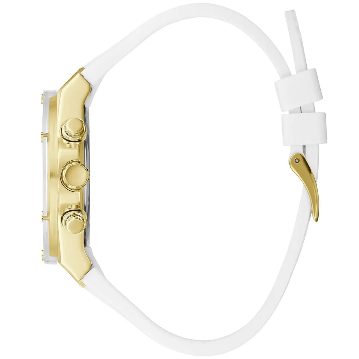 Guess GW0409L2 watch worn on wrist showing side profile of case and white rubber strap