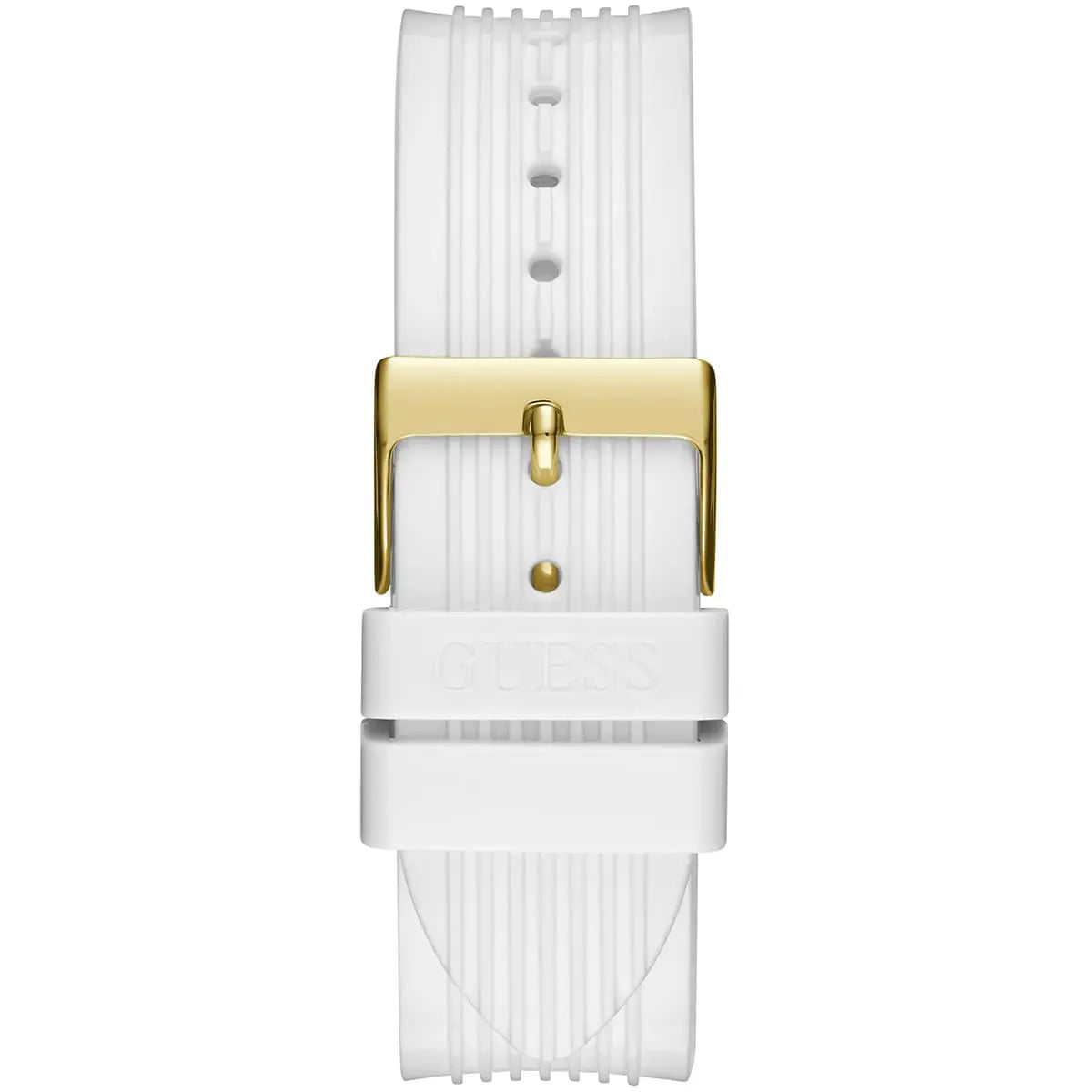 Guess GW0409L2 white rubber strap with gold-tone buckle and adjustment holes detail view