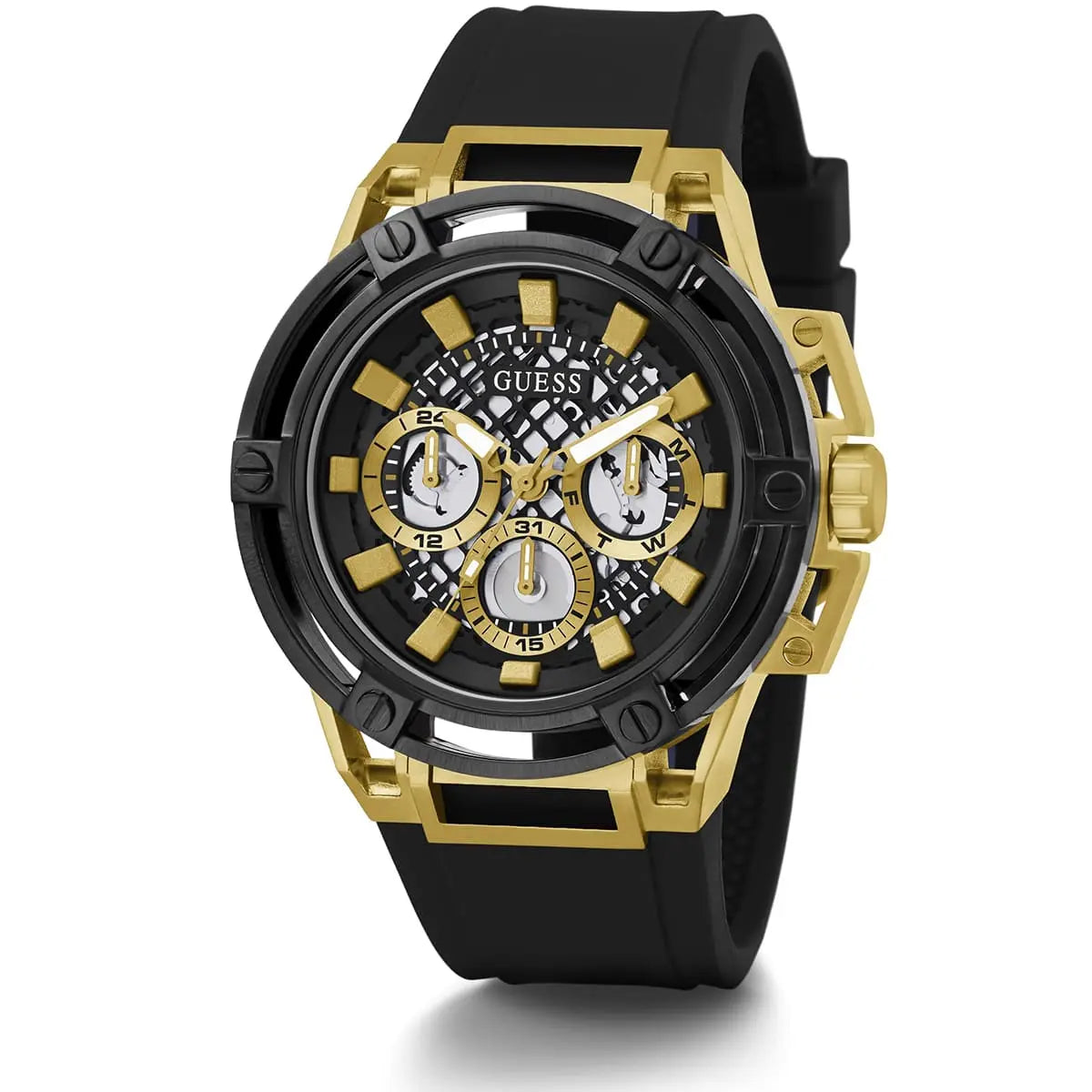 Guess Matrix Multifunction Gold Dial Black Rubber Strap Men Watch - GW0423G2