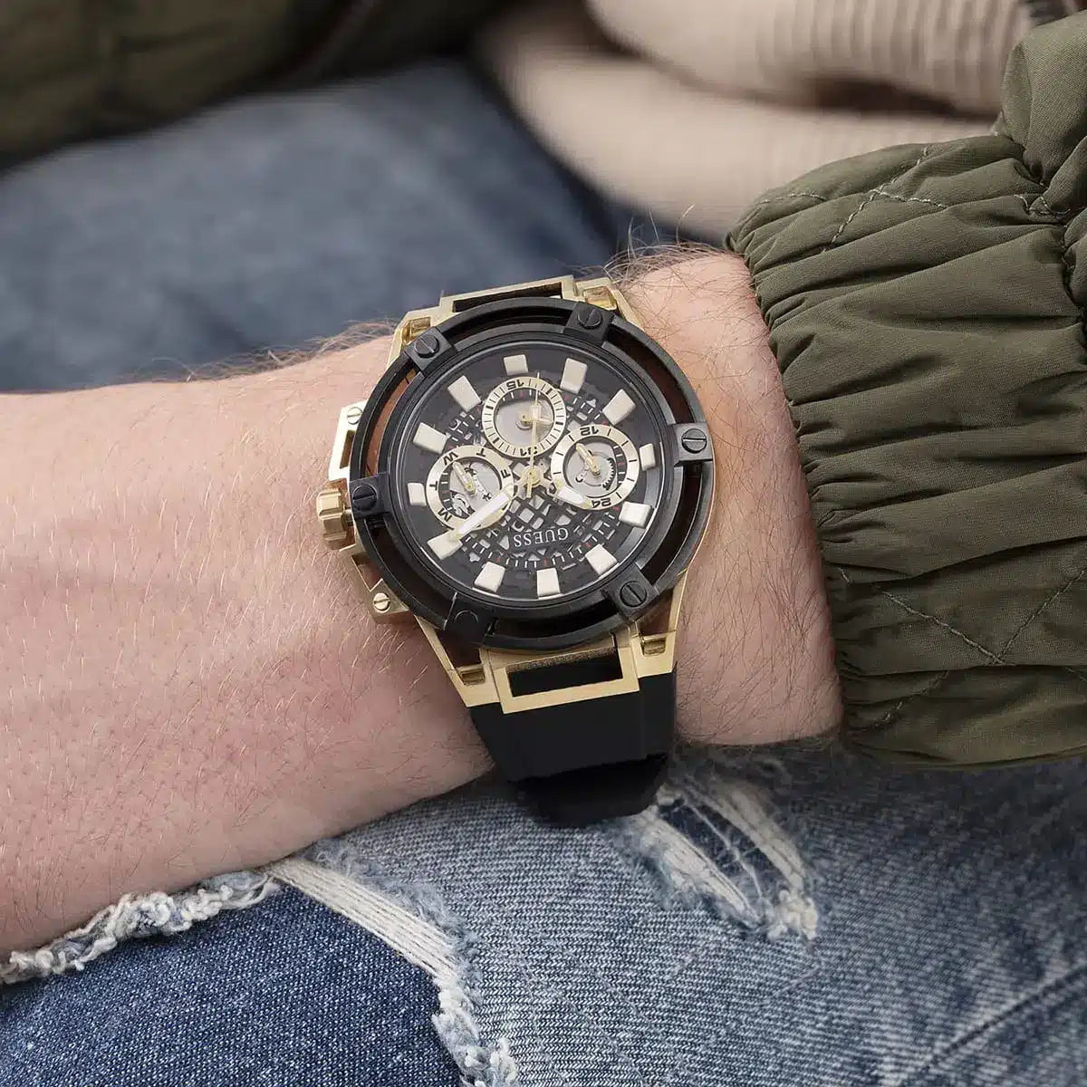 Guess Matrix Multifunction Gold Dial Black Rubber Strap Men Watch - GW0423G2