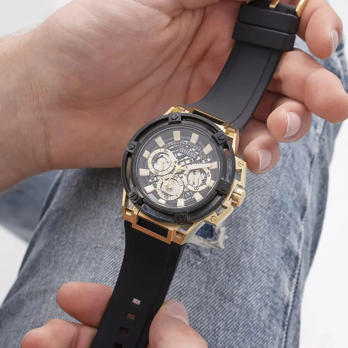 Guess Matrix Multifunction Gold Dial Black Rubber Strap Men Watch - GW0423G2