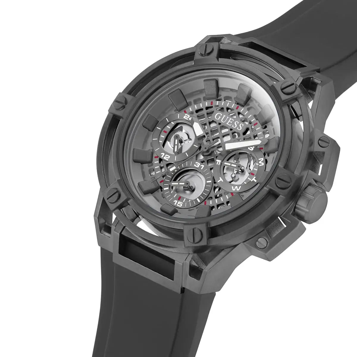 Guess Matrix watch angled view showing skeleton dial and rubber strap