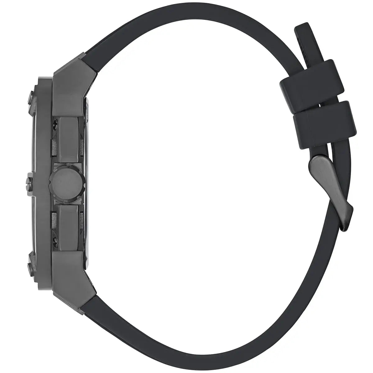 Side view of Guess Matrix watch showing case profile and black rubber strap