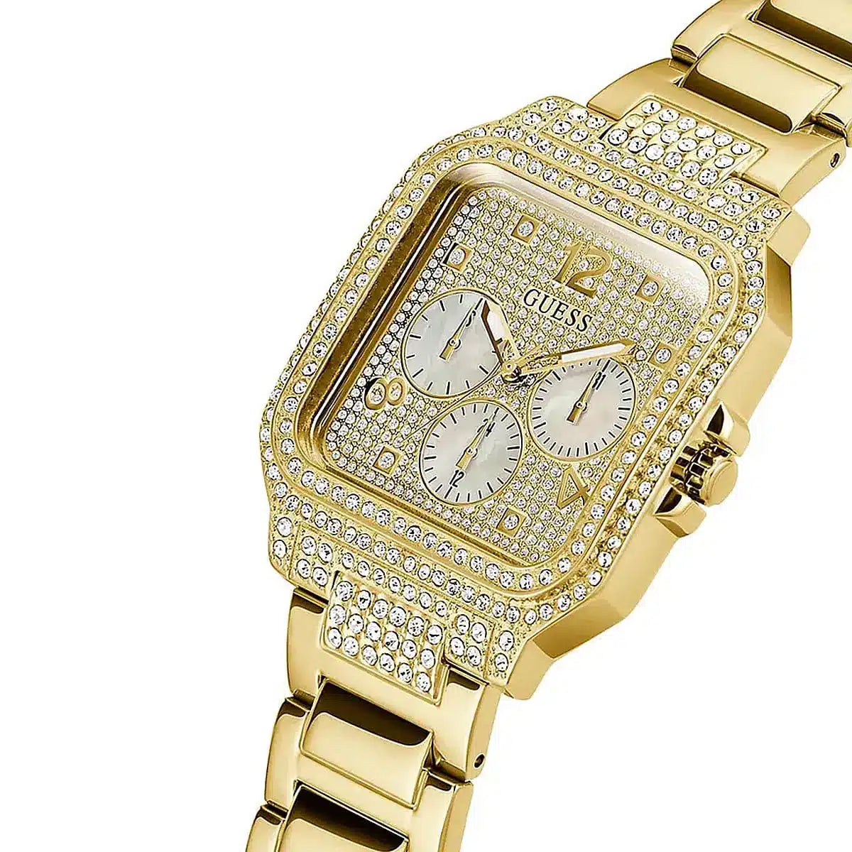 Guess Deco watch angled view showing crystal-set bezel and chronograph subdials