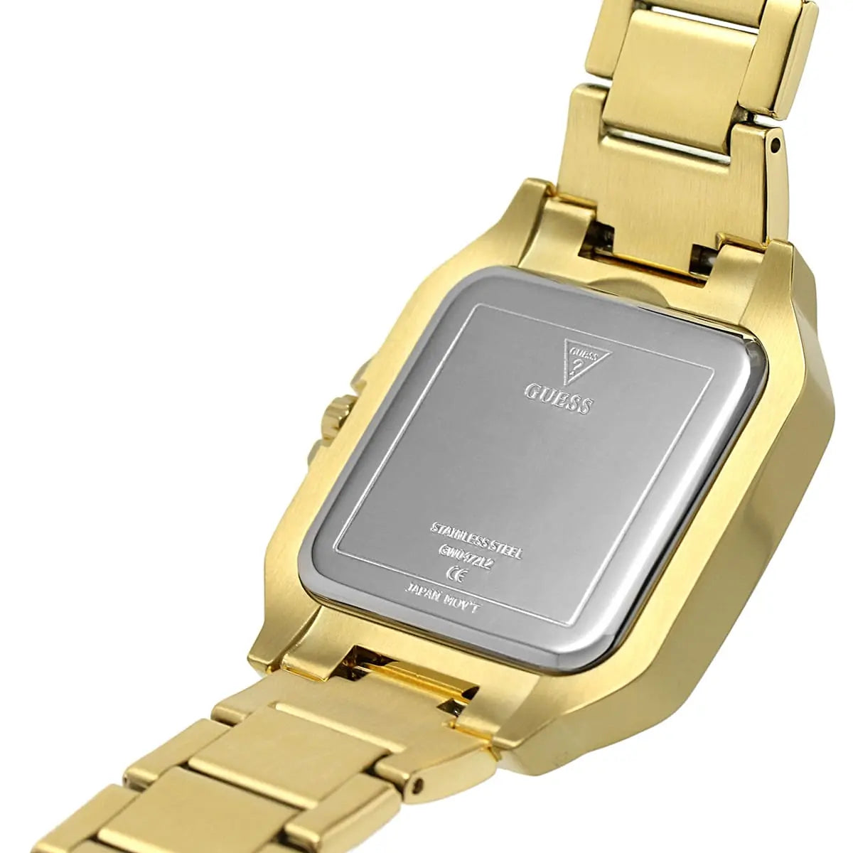 Guess Deco watch caseback showing stainless steel case and movement details