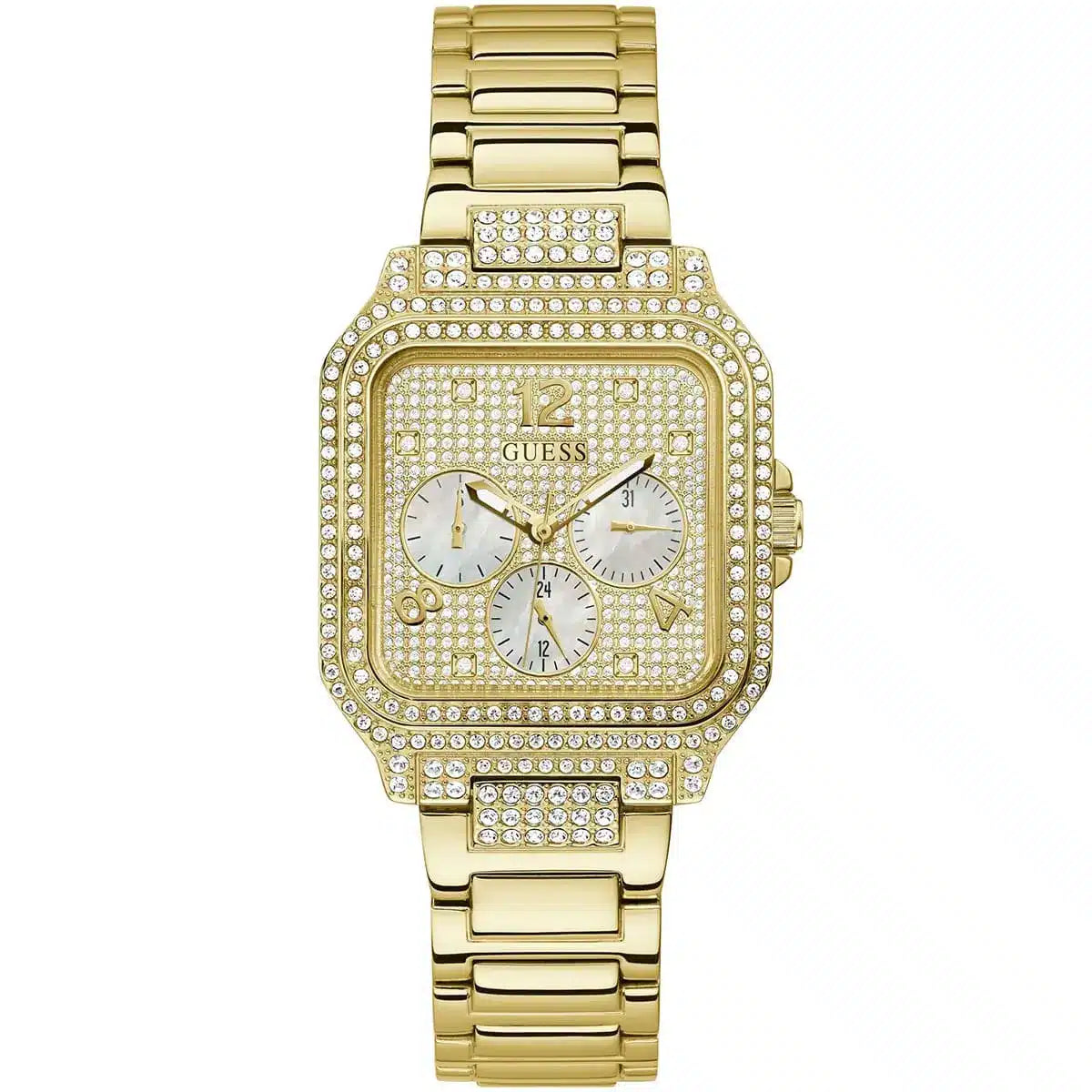 Guess Deco women's watch with crystal-set square dial and gold stainless steel bracelet