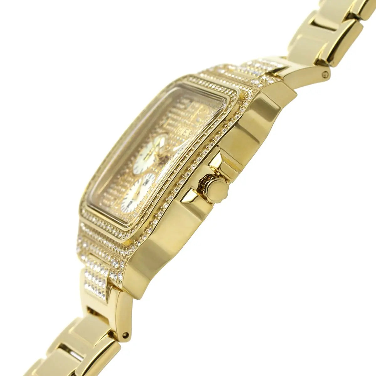 Guess Deco crystal-set watch worn on wrist showing side profile and gold bracelet