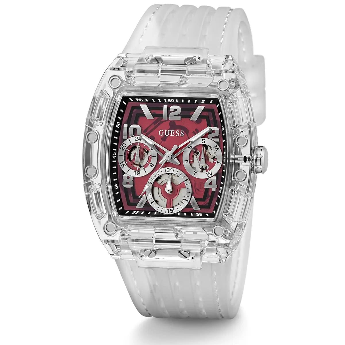 Guess Phoenix Quartz Burgundy Dial Transparent Silicone Strap Men Watch - GW0499G9
