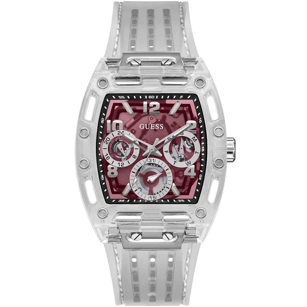 Guess Phoenix Quartz Burgundy Dial Transparent Silicone Strap Men Watch - GW0499G9