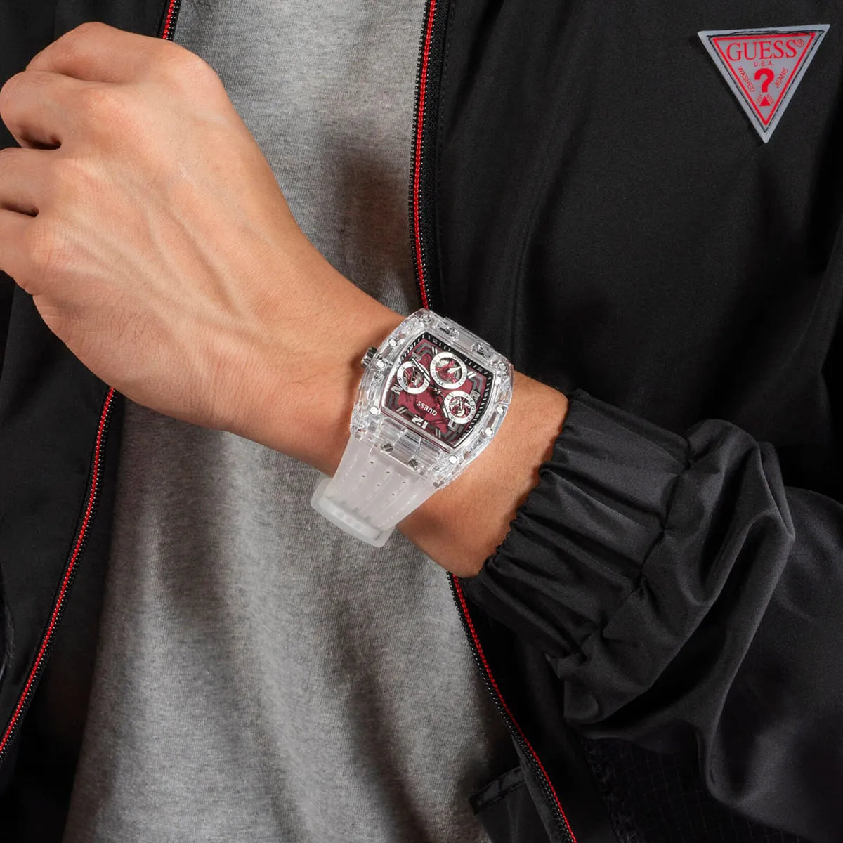 Guess Phoenix Quartz Burgundy Dial Transparent Silicone Strap Men Watch - GW0499G9