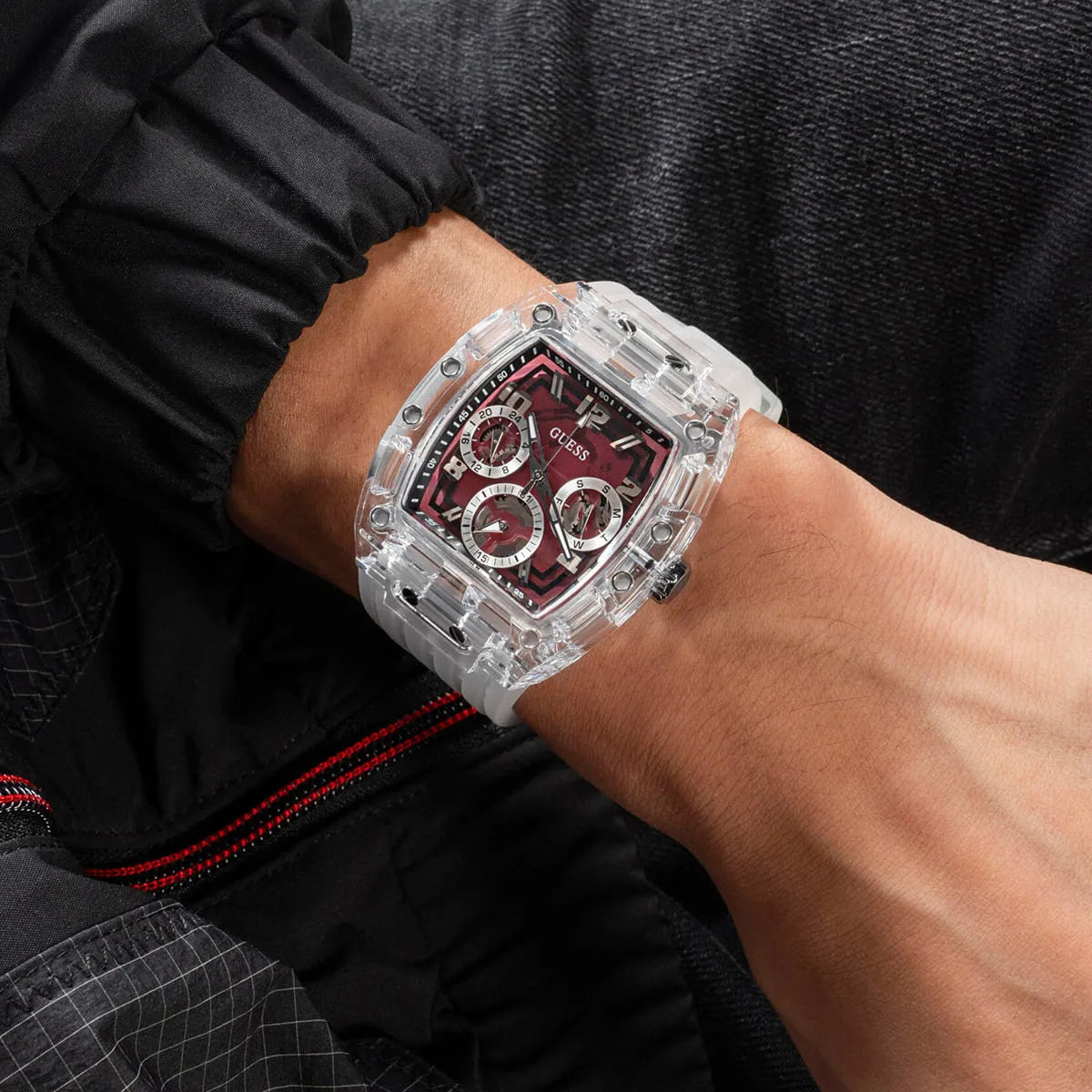 Guess Phoenix Quartz Burgundy Dial Transparent Silicone Strap Men Watch - GW0499G9