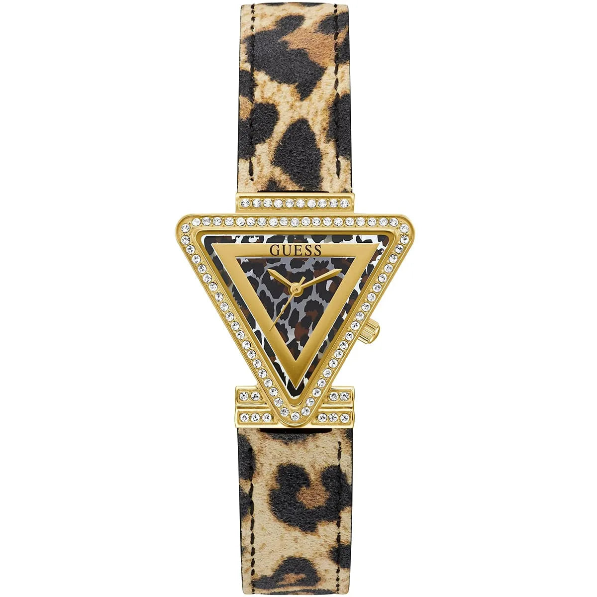 Guess Fame quartz women's watch with gold triangle case, crystal-set bezel, animal print black dial, and leopard leather strap