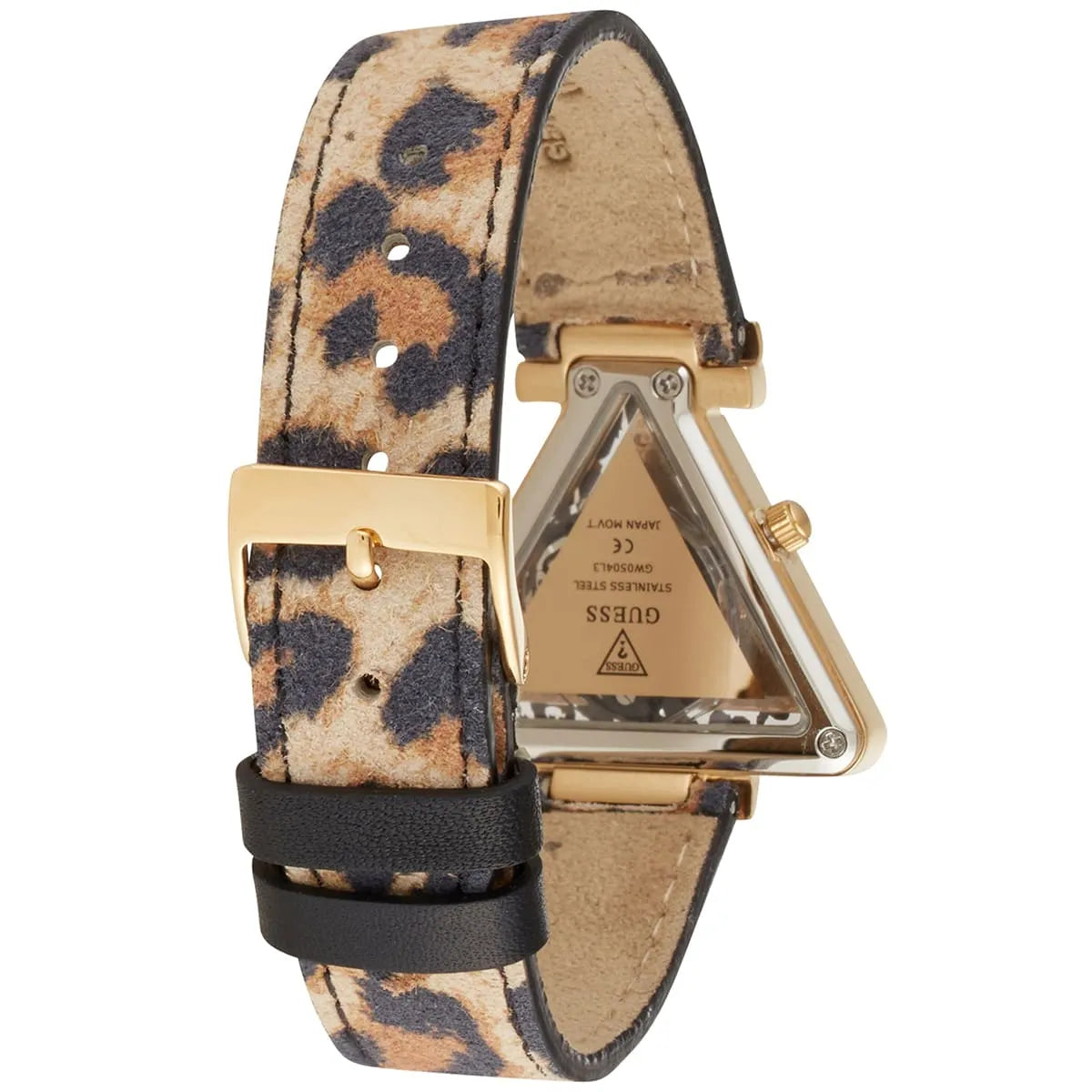 Guess Fame watch displaying gold case, animal print leather strap, and transparent case back detail