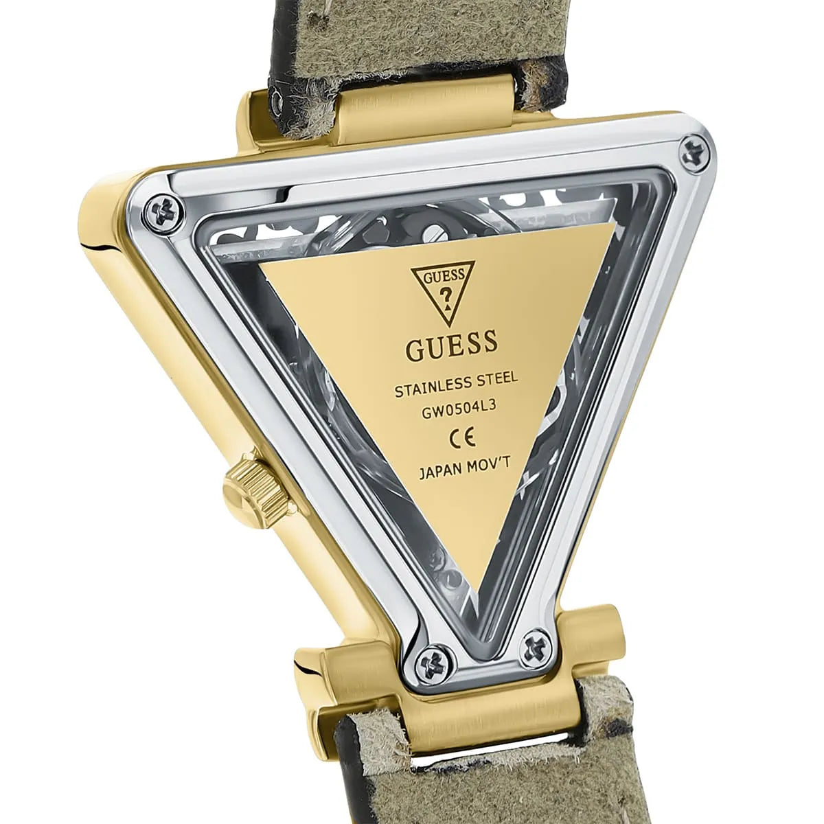 Guess Fame GW0504L3 stainless steel case back showing 'JAPAN MOVT' inscription and quartz mechanism