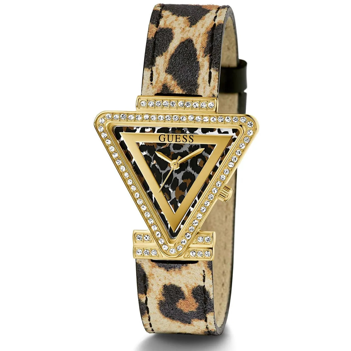 Side view of Guess Fame watch showing gold case, crystal bezel, and leopard print leather strap