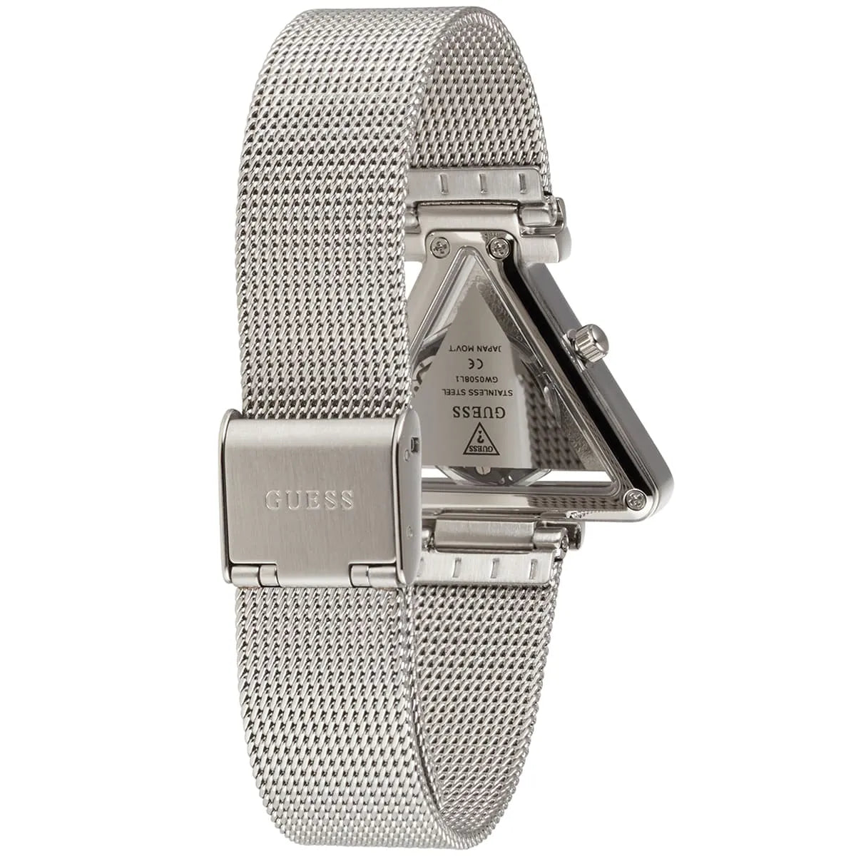 Back view of Guess Fame watch case with mesh bracelet and stainless steel clasp