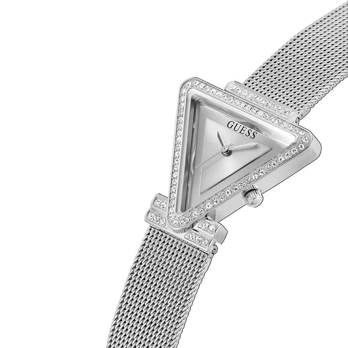 Close-up side view of Guess Fame triangular case with crystal surround and mesh bracelet