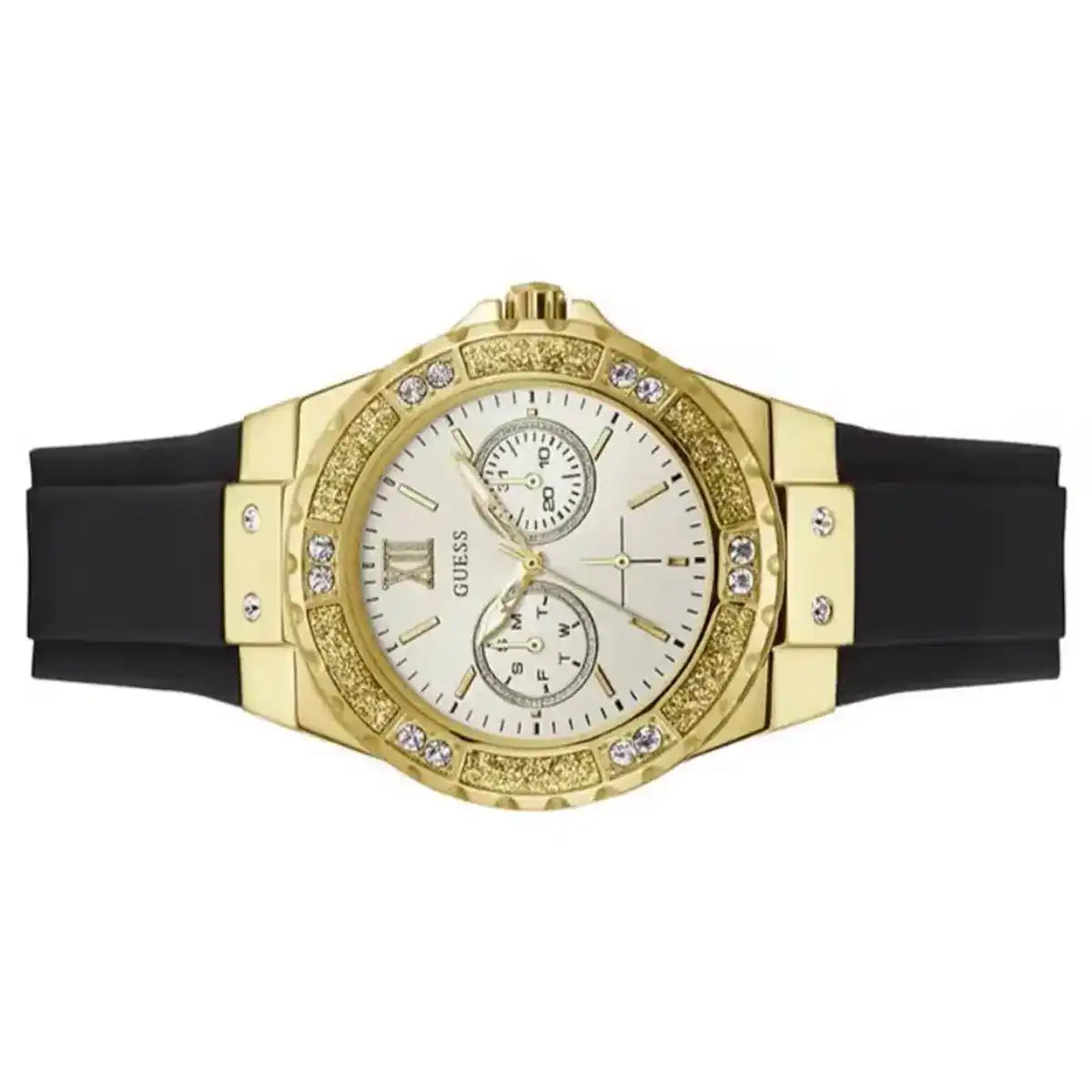 Guess Limelight Crystals Silver Dial Black Rubber Strap Women Watch - GW0519L1