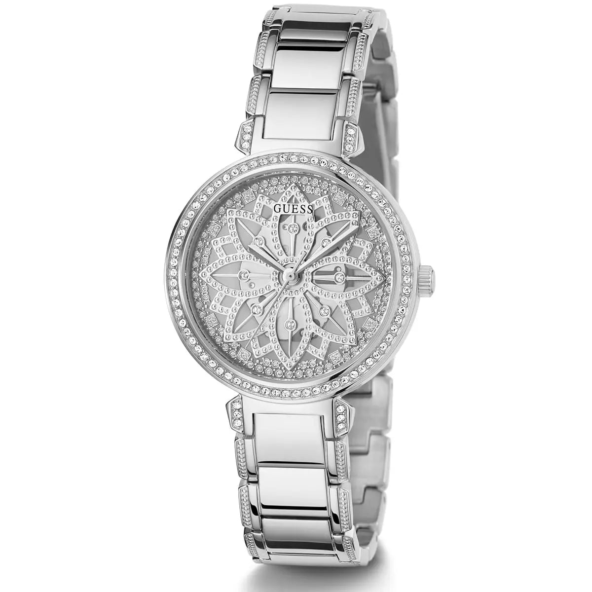 Guess Lily women's watch at angle showing silver dial and linked steel bracelet