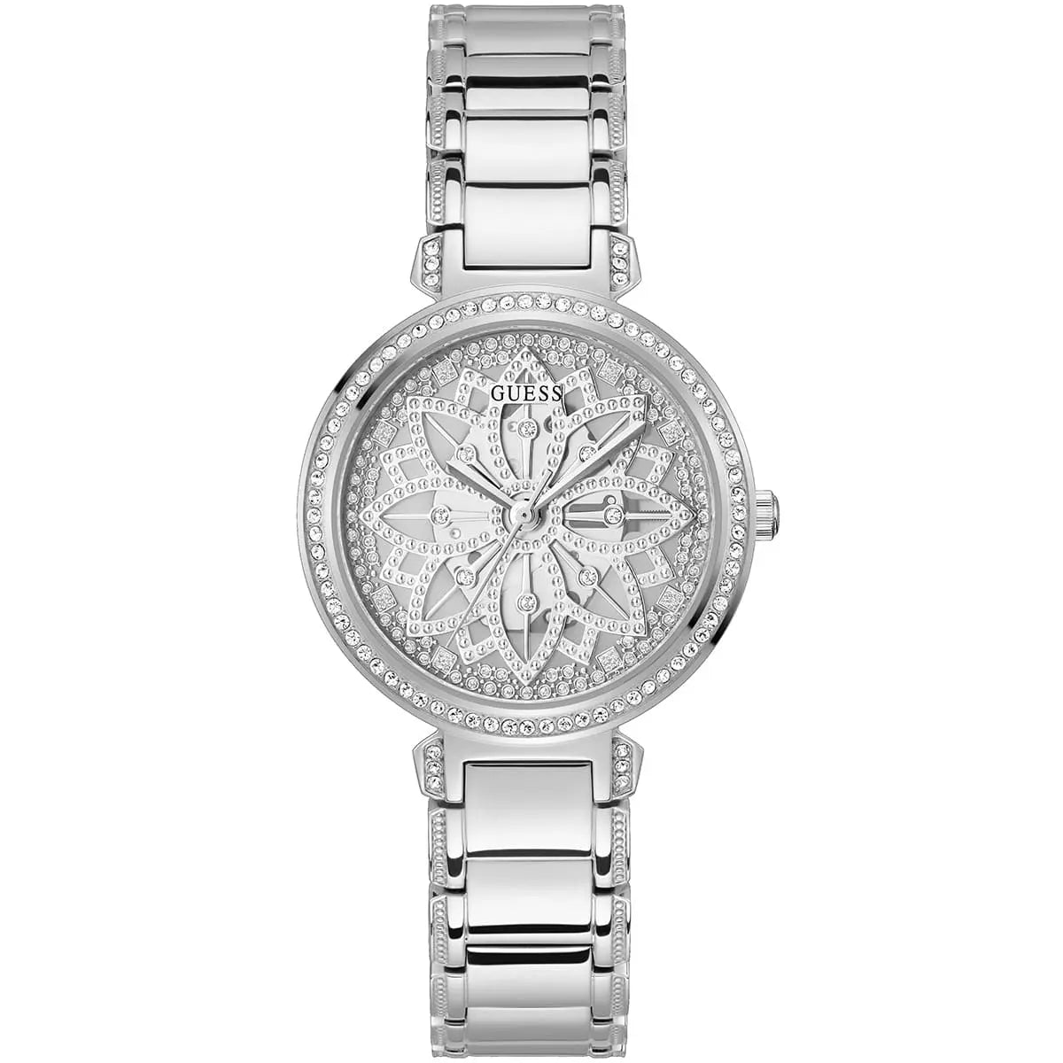 Guess Lily women's quartz watch with silver dial, crystal bezel, and silver steel bracelet