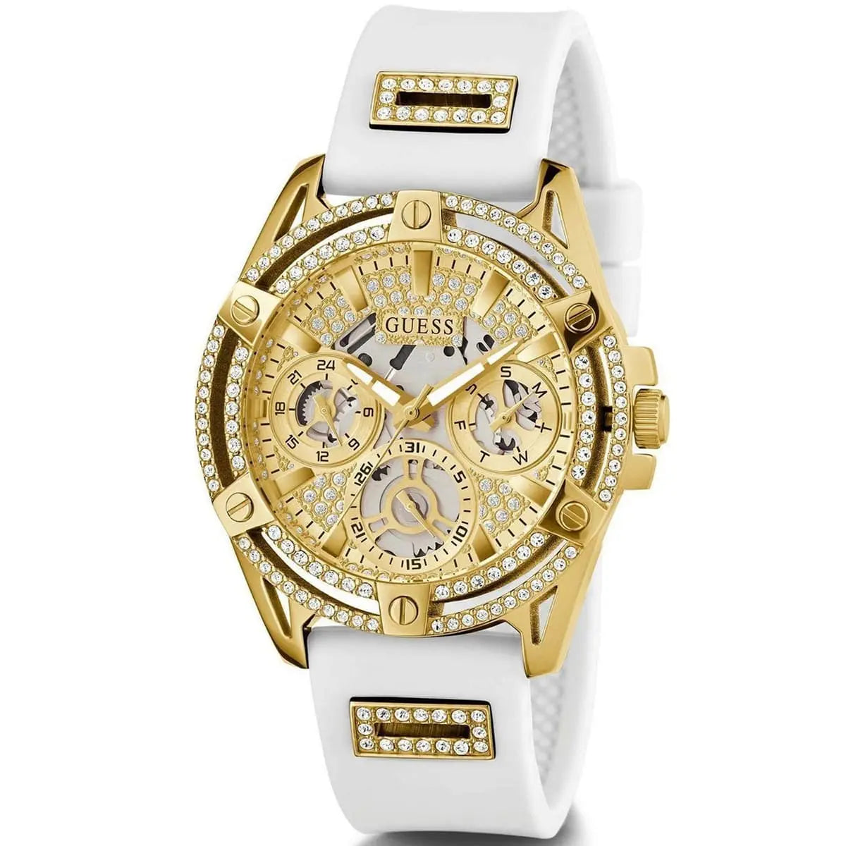 GUESS GW0536L2 watch angled view showing crystal-embellished bezel and white strap