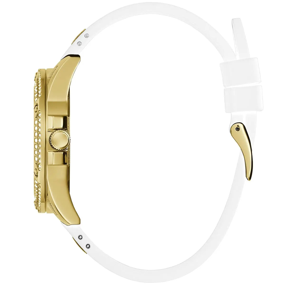 GUESS GW0536L2 case detail showing crystal bezel and white rubber strap attachment