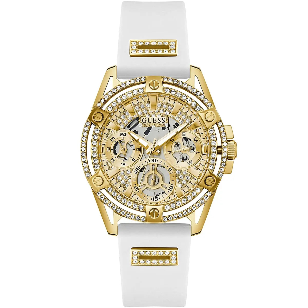 GUESS GW0536L2 white gold tone ladies watch with gold crystal dial and white rubber strap