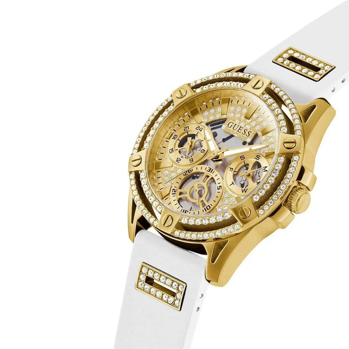 GUESS GW0536L2 side view of white gold tone case with white rubber strap