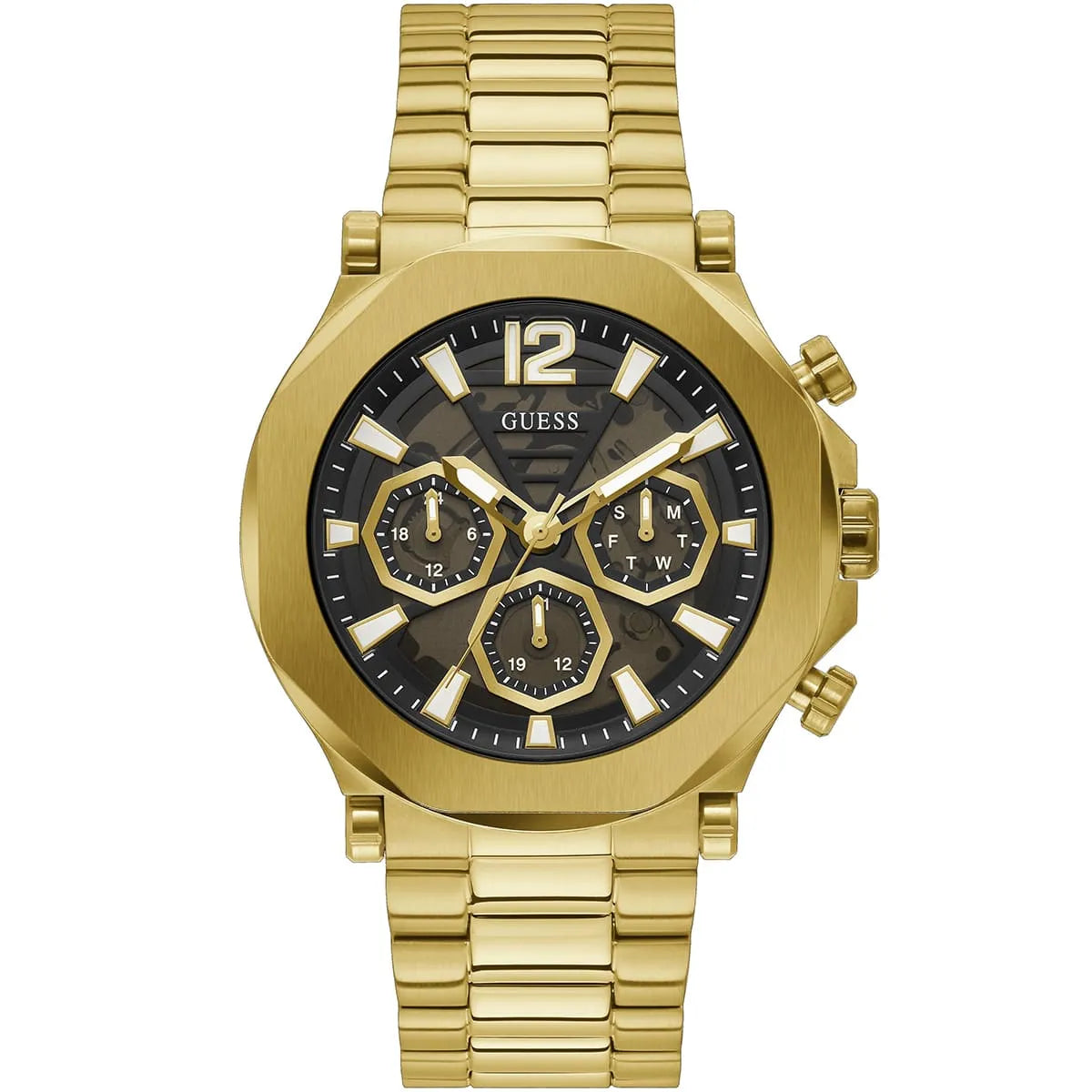 Guess GW0539G2 gold tone chronograph watch with black dial and three subdials